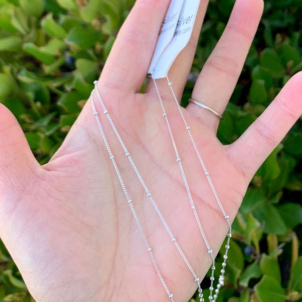 1pc 925 Sterling Silver Bead Station Curb Link Chain Necklace, Tarnish Resistant Rhodium Plated, 1.9mm Beads, Thin Small, Length Selections: 16/18/20/22/24/26/28 Inch