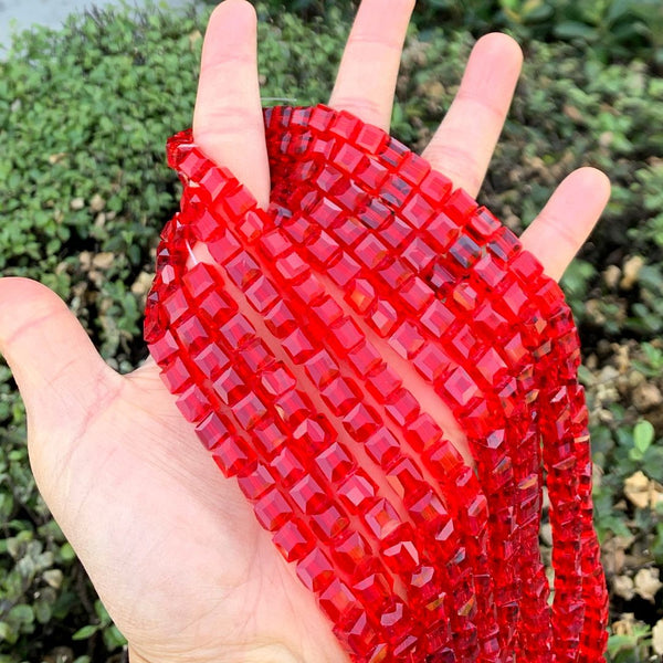 100pcs Creative Club Faceted Cube Crystal Glass Beads, Light Siam Red, 8mm, Hole ID 1mm, CCC806