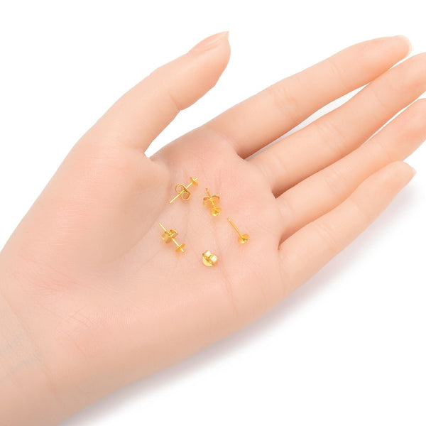 5 Pairs 925 Sterling Silver Earring Posts, 18K Yellow Gold Plated, Glue In Pearl Cup, 0.7mm/21 Gauge Pin, 10pcs Earring Backs, Cup Selections: 4mm/6mm/8mm