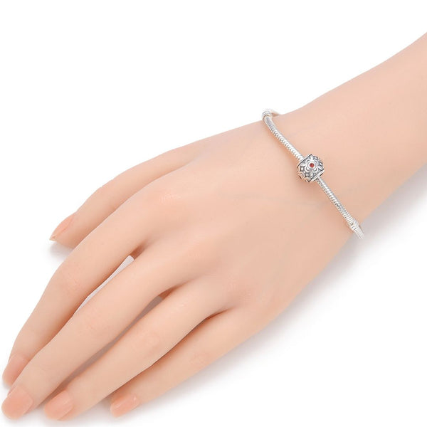 1pc 925 Sterling Silver Round Flower Pattern January Birthstone Bead Charm, Siam Red Garnet Cubic Zirconia CZ, 11.2x9.5mm, Hole ID 4.5mm, EC1-G1