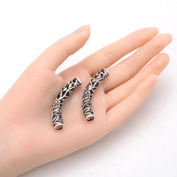 10pcs Large Hole Curved Filigree Flower Noodle Tubes, Antique Silver, 48mm (1.89 Inch), Hole ID 5.5mm, MC-L1