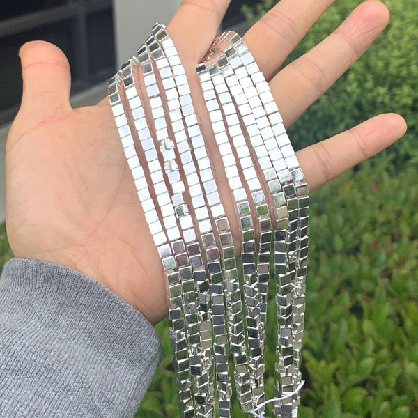 Grade A Natural Hematite Gemstone Cube Beads, Silver Plated, 2 strands/190pcs Beads, 4mm/Small Tiny, Hole ID 1mm, GFC-K2