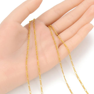 16.5 Feet Tarnish Resistant Diamond Cut Figaro Chain Link, 24K Yellow Gold Plated, Long Lasting, Size Selections: 2mm/2.5mm