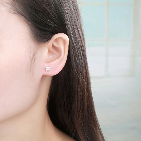 1 Pair 925 Sterling Silver Small Tiny Square Princess Stud Earrings, 4mm/0.25 Carat Cubic Zirconia CZ Diamond, SSE84-4