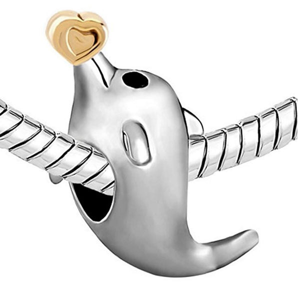 1pc Cute Real Solid Sterling Silver Charm Dolphin with Golden Heart Bead, Compatible with Pandora All Other Charm Bracelets, EC371