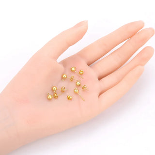 50pcs Raw Brass Ball Earring Posts, Closed Ring, 50pcs Earring Backs, Unplated/Uncoated, Ball Size Selections: 3mm/3.5mm/4mm/5mm