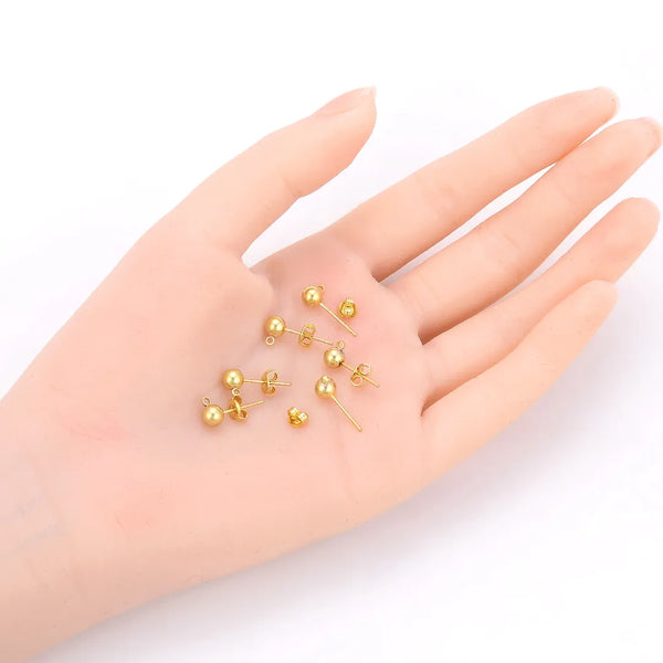 50pcs Raw Brass Ball Earring Posts, Closed Ring, 50pcs Earring Backs, Unplated/Uncoated, Ball Size Selections: 3mm/3.5mm/4mm/5mm