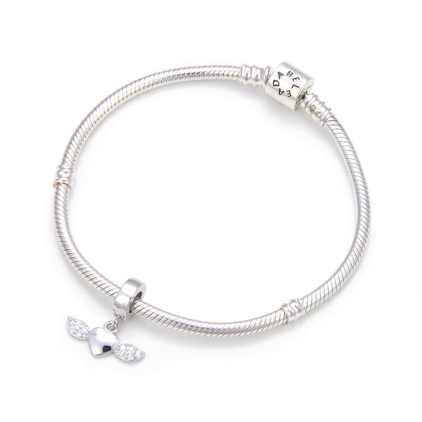 1pc Real 925 Sterling Silver Winged Angel Heart Bead Charm Pendant Cubic Zirconia CZ Gemstone, Compatible with Pandora All Other Charm Bracelet, EC7-D1