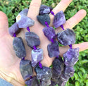 Natural Raw Dark Purple Amethyst Crystal Gemstone Beads, Large Drilled Rough Nugget Stone, 15 Inch GA-C3