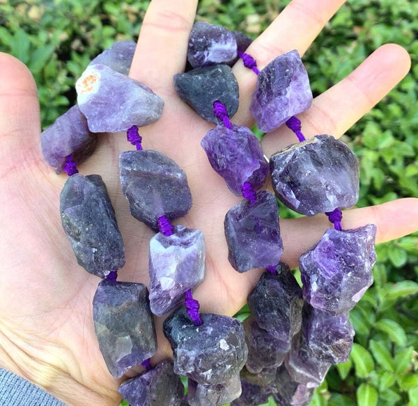 Natural Raw Dark Purple Amethyst Crystal Gemstone Beads, Large Drilled Rough Nugget Stone, 15 Inch GA-C3