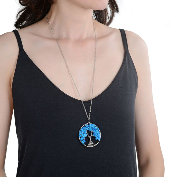 1pc Tree of Life Prosperity Necklace, Natural Blue Howlite Imitation Turquoise Gemstone Pendant, 26 inch Surgical Stainless Steel Chain, GGP9-6