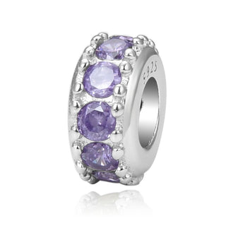 1pc 925 Sterling Silver February Birthstone Bead Charm, Purple Amethyst Cubic Zirconia CZ, 9.5x5mm, Hole ID 4.5mm, EC1-C2