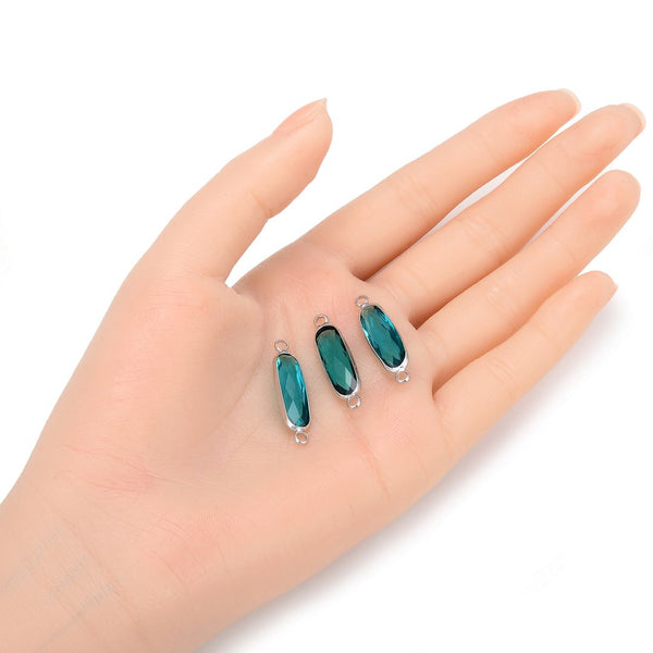 10pcs Grade A December Blue Zircon Rectangle Bar Birthstone Links, Sterling Silver Plated Brass, 21x7mm, CCP9-S12