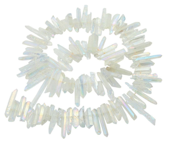 1 Strand Natural Raw Crystal Quartz Gemstone Beads, Small Drilled Stone Points, Clear AB Titanium Coated Stone Stick, 15 Inch, GA2