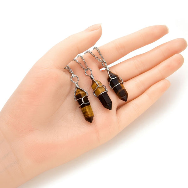 1pc Natural Brown Yellow Tiger Eye Gemstone Pendant Necklace, 18 Inch Surgical Stainless Steel Chain, GGP-E1