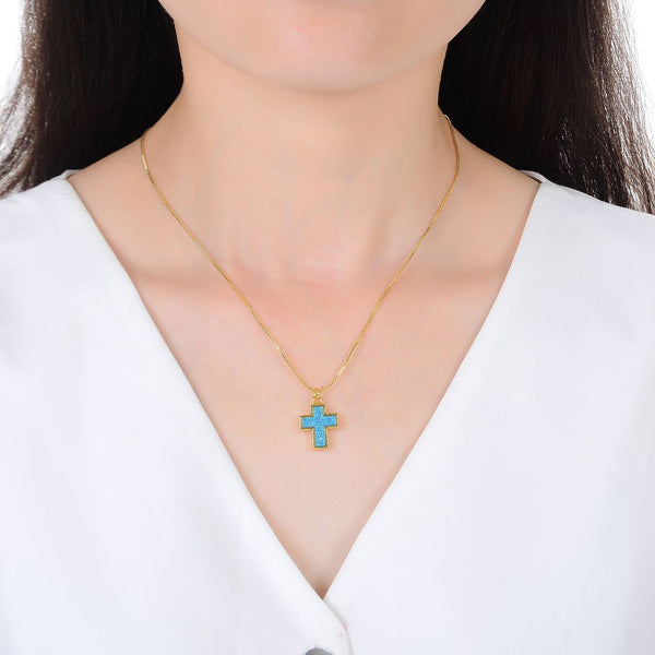 1pc Natural Druzy Crystal Pendant Necklace, Aquamarine Blue Cross Small Gemstone Pendant, 18 inch Gold Plated Stainless Steel Chain, GGP20-3