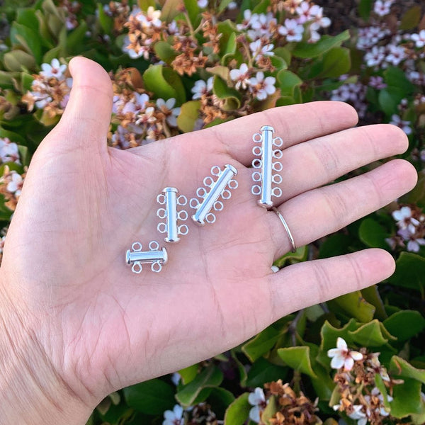 1pc Sterling Silver 5 Strands Multi-Strand Slide Lock Tube Clasp Set, Tarnish Resistant Rhodium Plated, 30mm Long, SS92-5