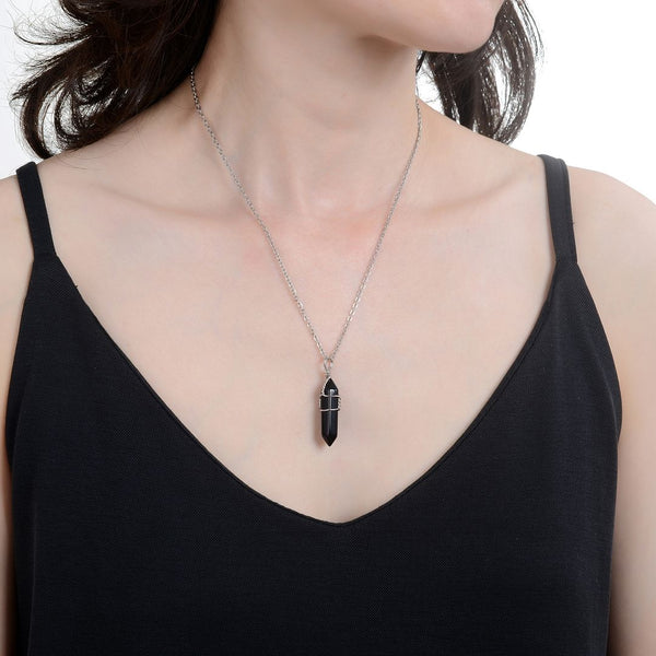1pc Natural Black Obsidian Gemstone Pendant Necklace, 18 Inch Surgical Stainless Steel Chain, GGP-E9