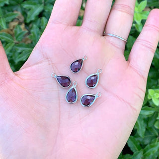 10pcs Grade A February Amethyst Teardrop Birthstone Charm Drop, Sterling Silver Plated Brass, Size Selections: 11x7mm, 14x8mm, 16x9mm