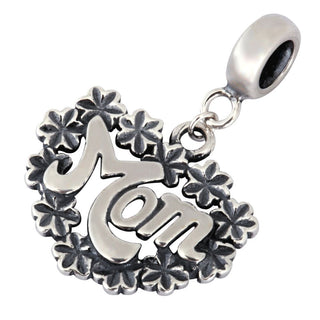 Solid 925 Sterling Silver Flowers Mom's Heart of Love Bead Charm