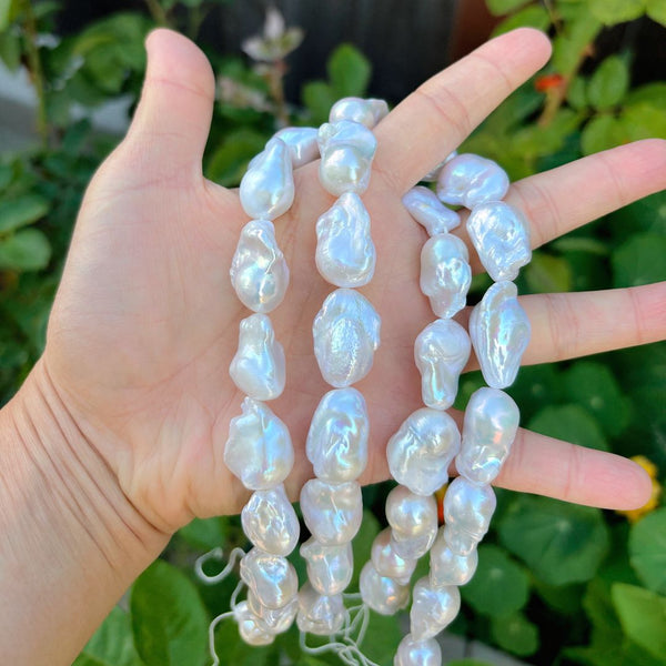 15 Inch AAA Grade High Luster Natural Baroque Pearl Beads, Irregular White Cultured Freshwater Flameball Teardrop Pearls, Large 17mm-28mm Flameball Pearls, Hole ID 1mm, PA3-28