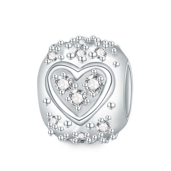 1pc 925 Sterling Silver Round Heart Pattern April Birthstone Bead Charm, Diamond Clear Cubic Zirconia CZ, 11x9mm, Hole ID 4.5mm, EC1-H4