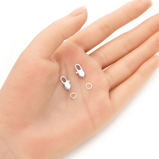 50pcs Rectangle Lobster Claw Clasp, 50pcs Open Jump Rings, Sterling Silver Plated Brass, Size Selections: 10mm/12mm