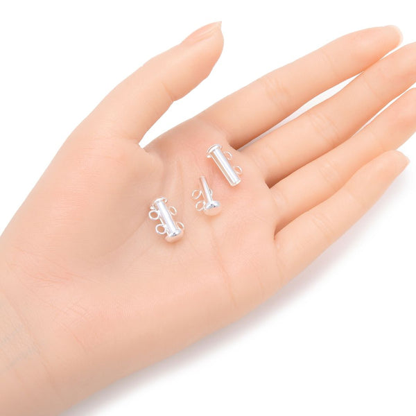 1pc 925 Sterling Silver 2 Strands Slide Lock Tube Clasp Set, 16mm Long, SS115