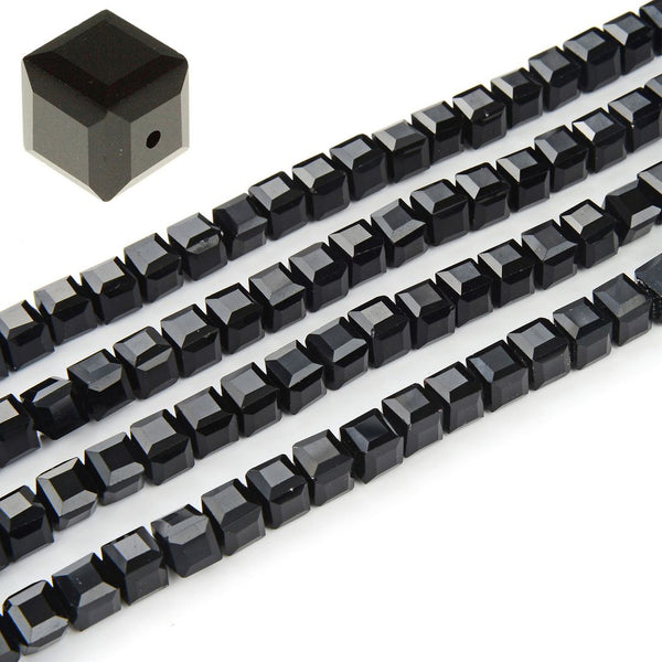100pcs Creative Club Faceted Cube Crystal Glass Beads, Jet Black, 6mm, Hole ID 1mm, CCC623