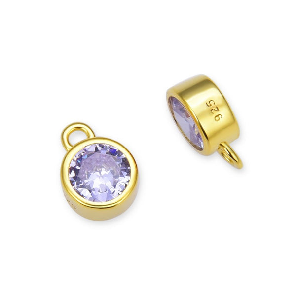 2pcs 925 Sterling Silver 6mm June Birthstone Charm Drop Pendants, Real 18K Yellow Gold Plated, Alexandrite Cubic Zirconia Gemstone, SXP7-6
