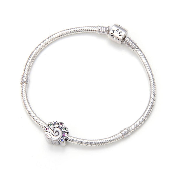 1pc Solid 925 Sterling Silver Peacock Cubic Zirconia Gemstone Charm Bead, Compatible with Pandora All Other Charm Bracelets, EC2-P1
