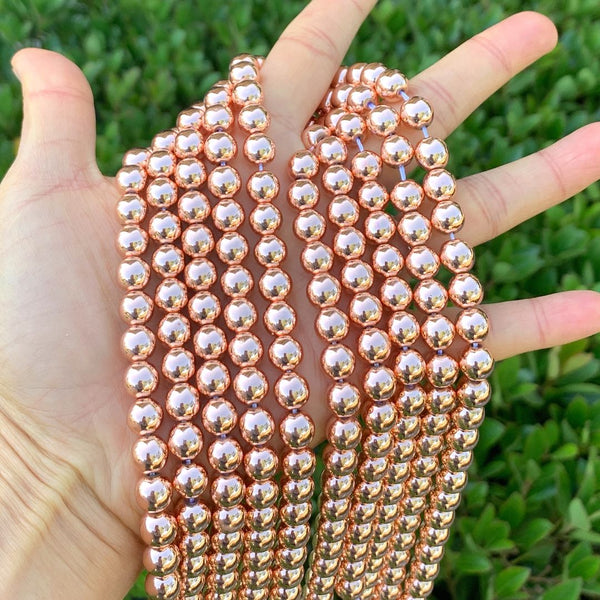 Natural Hematite Gemstone Round Beads, Rose Gold Plated, 15 Inch/1 Strand, Size Selections: 6mm/8mm/10mm