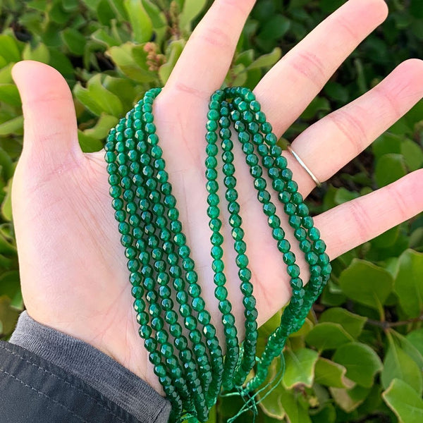 Natural Emerald Green Jade Gemstone Faceted Round Beads, 4mm/Small, Hole ID 0.9mm, 2 Strands/28 Inch Total, GH-B10