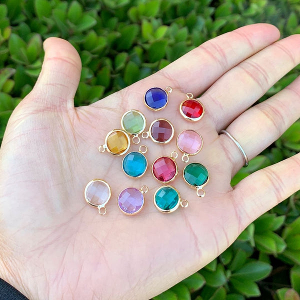 1 Set/12pcs Grade A Mixed Dangle Birthstone Charm Drops, 18K Yellow Gold Plated Brass, Size Selections: 6mm/8mm/10mm