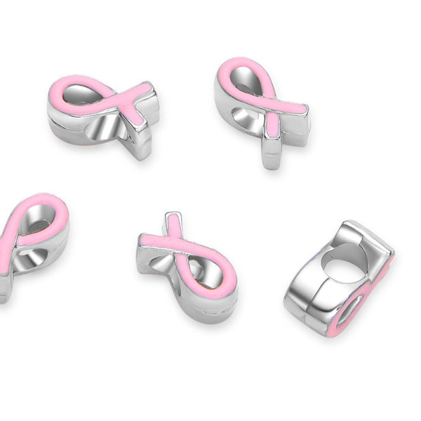 20pcs Pink Enamel Ribbon Symbol of Awareness Large Hole Beads, Hole ID 4.5mm, Antique Silver, Zinc Alloy Metal, MEC-C14