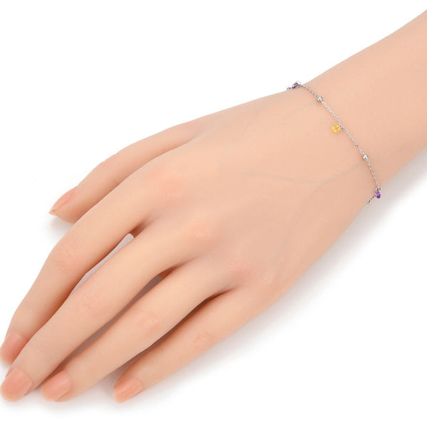 1pc 925 Sterling Silver 2.5mm Bead Station Cable Chain Bracelet with CZ Gemstone Drops, Tarnish Resistant White Gold Plated, Length Selections: 7 inch/7.5 inch