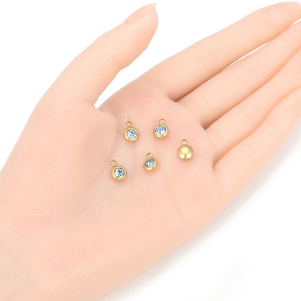 10pcs Grade A March Aquamarine Blue Birthstone Charm Drops, 18K Yellow Gold Plated Stainless Steel, Tarnish Resistant, 6mm, CCP33-3