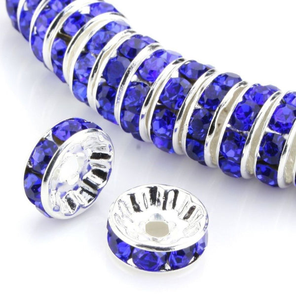 100pcs AAA Grade Rhinestone Rondelle Beads, Sterling Silver Plated Brass, Sapphire Blue Rhinestone, Color Selections: 5mm/6mm/8mm/10mm/12mm