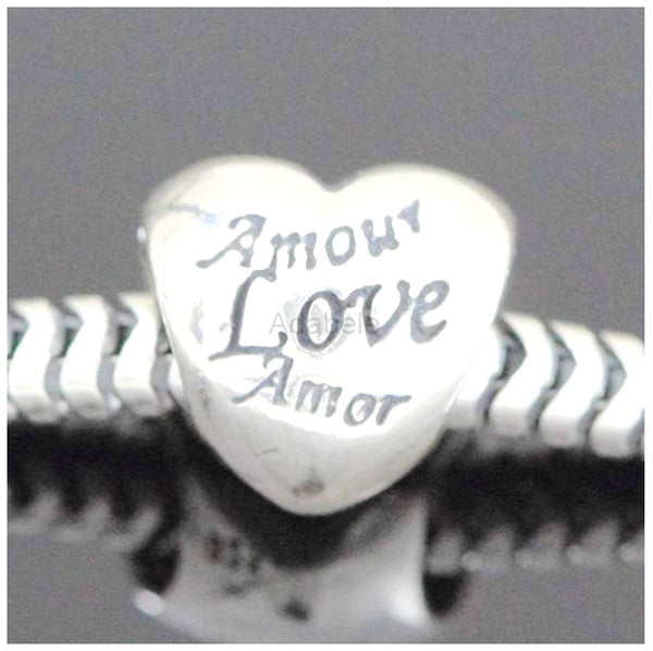 1pc Solid 925 Sterling Silver Love Language Heart Bead Charm, Compatible with Pandora All Other Charm Bracelet, EC597