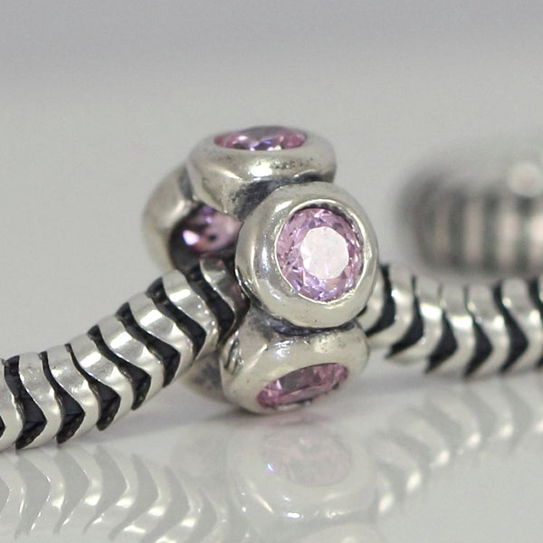 1pc Real 925 Sterling Silver Charm, October Birthstone Spacer Bead, Cubic Zirconia CZ Diamond Pink Tourmaline Gemstone, Compatible with Pandora all Other Charm Bracelets, EC302