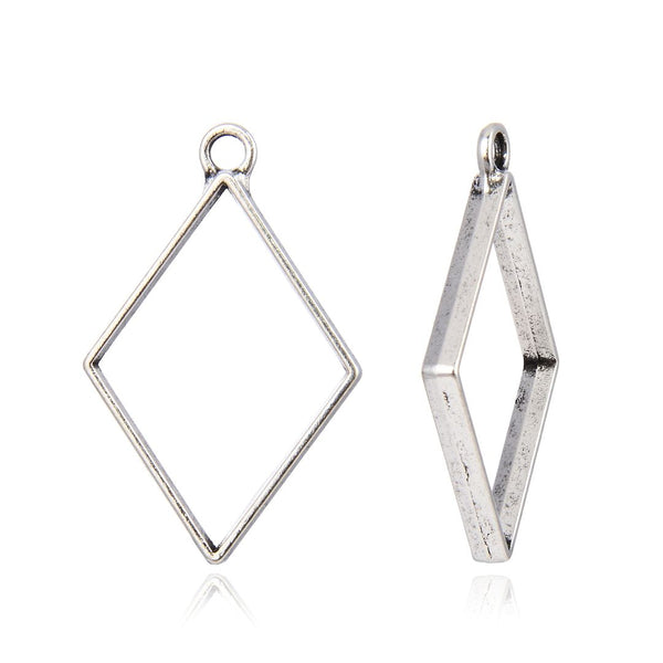20pcs Open Back Diamond Rhombus Bezel Blanks, Pendant Base, Large Resin Mold, Antique Silver, 39x25mm, CF286-1