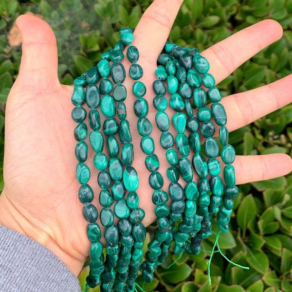 Natural Green Malachite Gemstone Oval Tumbled Pebble Beads, Irregular, 7mm to 10mm, Hole ID 1mm, 15 Inch/1 Strand, GZ12-79