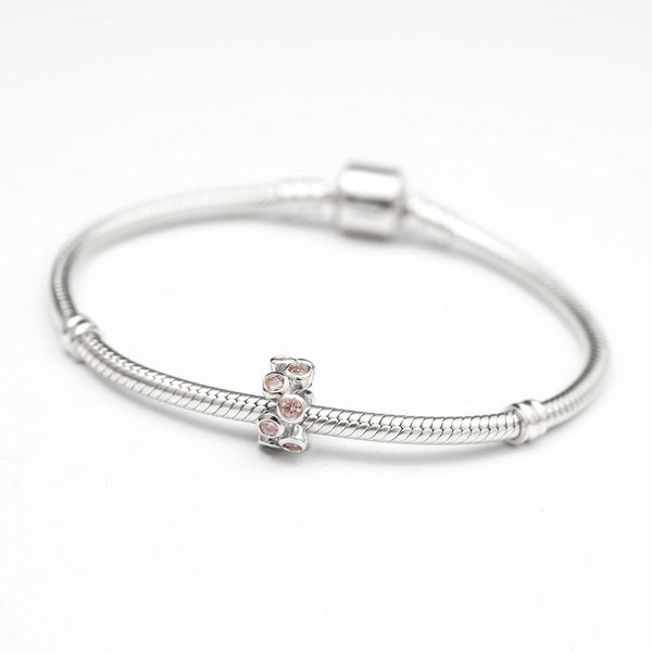 1pc Real 925 Sterling Silver Charm, Octocber Birthstone Spacer Bead, Cubic Zirconia CZ Pink Tourmaline Gemstone, Compatible with Pandora all Other Charm Bracelets, EC546