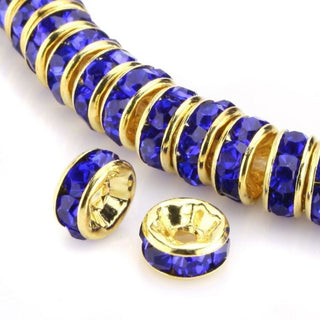 100pcs AAA Grade Rhinestone Rondelle Beads, 18K Yellow Gold Plated Brass, Sapphire Blue Rhinestone, Color Selections: 5mm/6mm/8mm/10mm/12mm