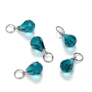5pcs May Birthstone Charm Drops, 10mm Emerald Green Austrian Teardrop Crystal Beads, Sterling Silver Plated Open Jump Rings, BR6-5
