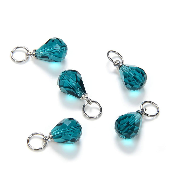 5pcs May Birthstone Charm Drops, 10mm Emerald Green Austrian Teardrop Crystal Beads, Sterling Silver Plated Open Jump Rings, BR6-5