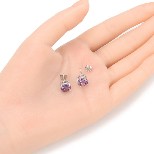 1 Pair 925 Sterling Silver February Birthstone Round Cut Stud Earrings, 8mm/2 Carat Cubic Zirconia CZ Purple Amethyst Stone, SSE49-2