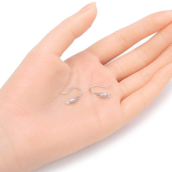 4pcs 925 Sterling Silver Fancy Teardrop Pattern Earring Hooks, 6 Cubic Zirconia CZ, Tarnish Resistant Rhodium Plated, 17mm, SS455