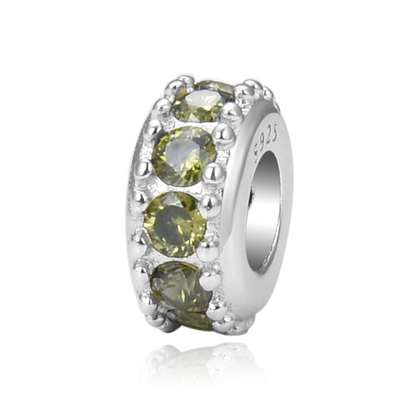 1pc 925 Sterling Silver August Birthstone Bead Charm, Green Peridot Cubic Zirconia CZ, 9.5x5mm, Hole ID 4.5mm, EC1-C8