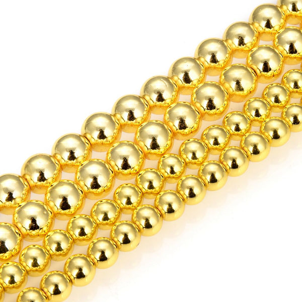 Natural Hematite Gemstone Round Beads, Gold Plated, 15 Inch/1 Strand, Size Selections: 6mm/8mm/10mm
